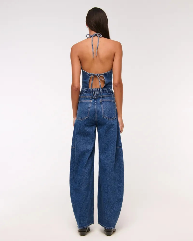 Halter Barrel Denim Jumpsuit