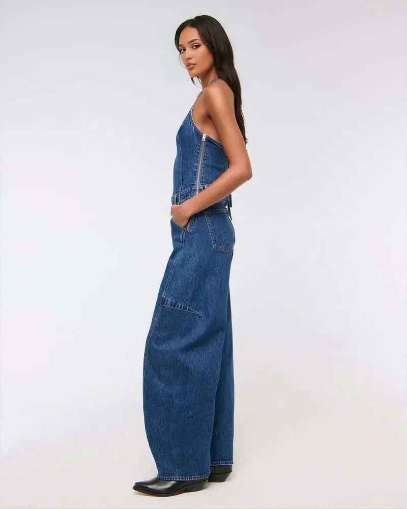 Halter Barrel Denim Jumpsuit