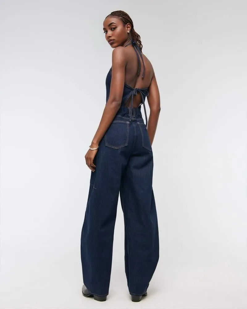 Halter Barrel Denim Jumpsuit