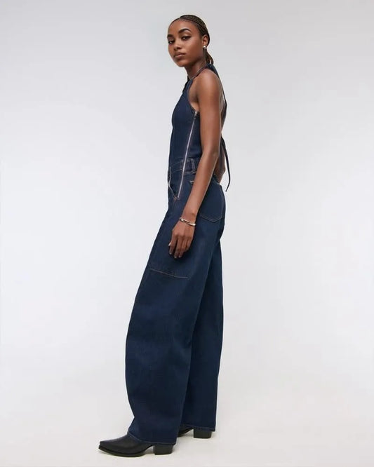 Halter Barrel Denim Jumpsuit