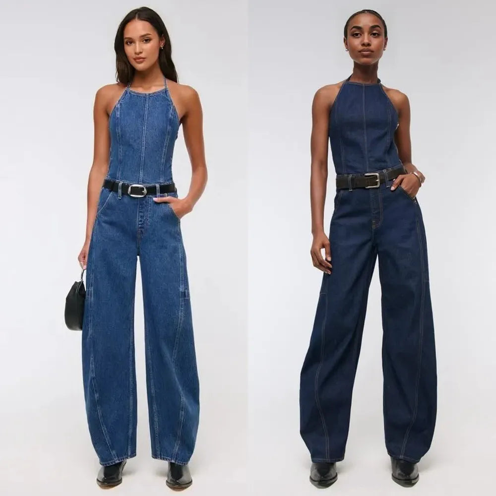Halter Barrel Denim Jumpsuit