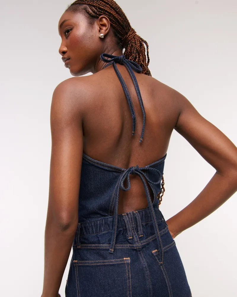 Halter Barrel Denim Jumpsuit