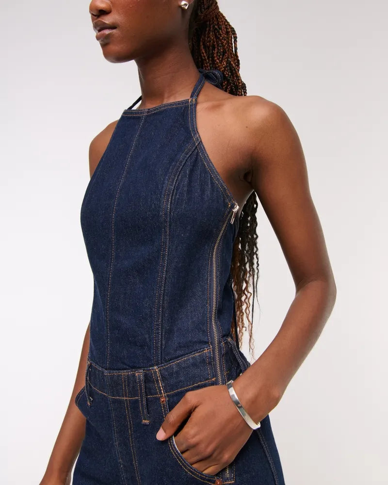 Halter Barrel Denim Jumpsuit